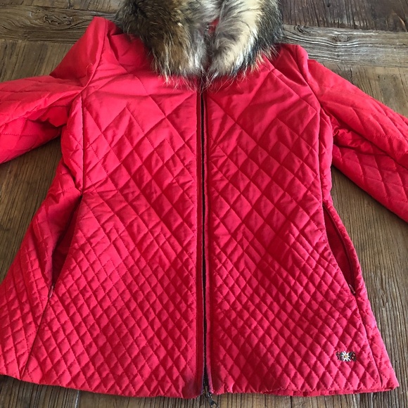 POST CARD Luxury Red Quilted Jacket with Removable Fur Collar - Sz 8 - Picture 12 of 16